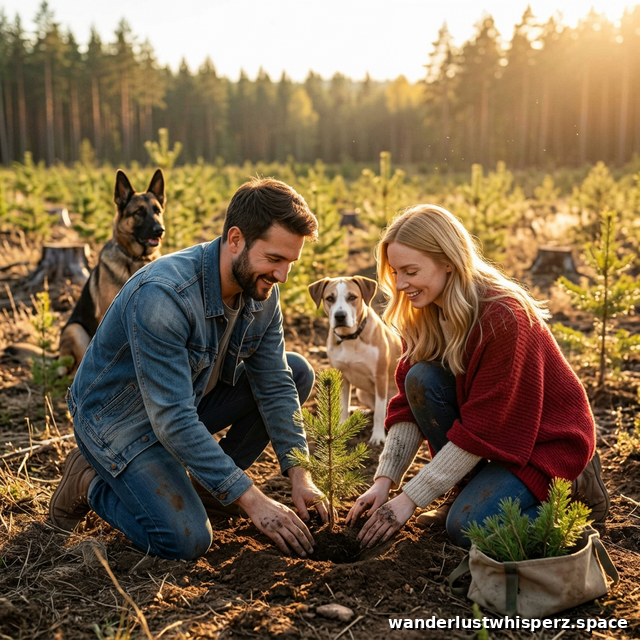 Val and Chip planting trees for carbon offsetting with Rufus and Scout.