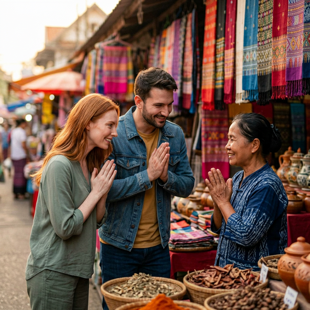 Val and Chip respectfully greeting a local artisan at a colorful outdoor market.