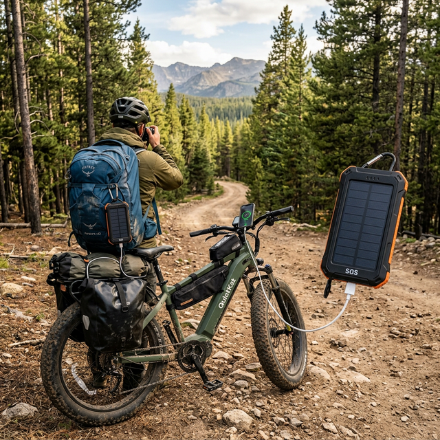 A rugged overland e-bike parked on a backcountry dirt road with a solar charger setup.