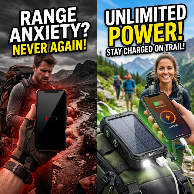 High contrast split screen showing a dead phone representing range anxiety next to an SOS solar charger on an adventure e-bike.