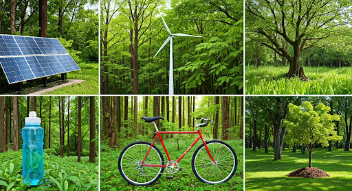 Collage representing various aspects of eco-friendly travel and sustainability