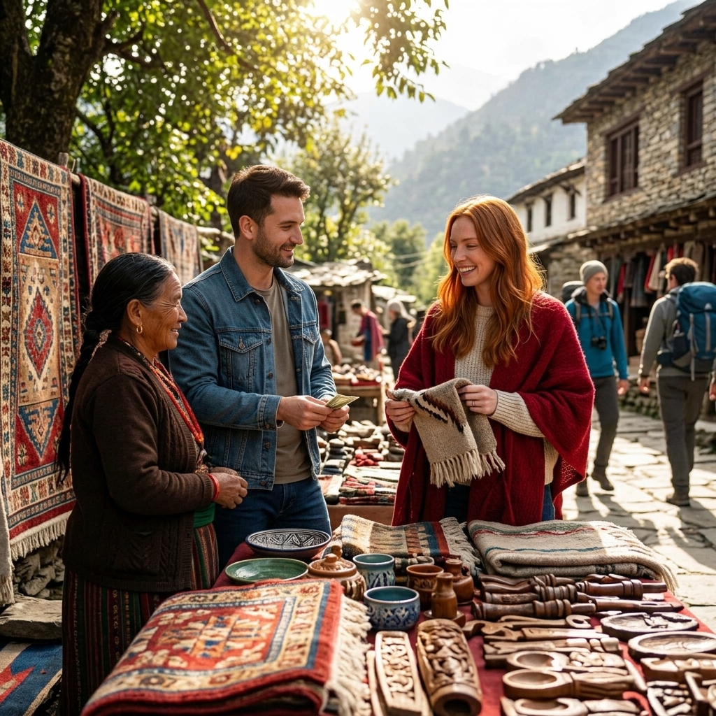 Travelers respectfully purchasing handcrafted goods directly from a local maker in a sunlit outdoor market, forging deep cultural connections