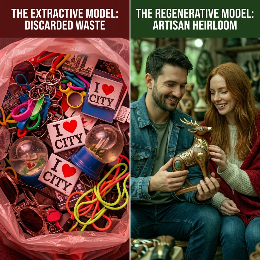 A stark contrast between cheap discarded plastic tourist junk (red tinted) against beautiful handcrafted artisan heirloom pieces (green tinted)