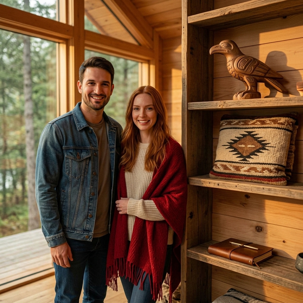 Val and Chip standing next to a minimalist, perfectly curated Shelf-ie showcasing heirloom artisanal travel items