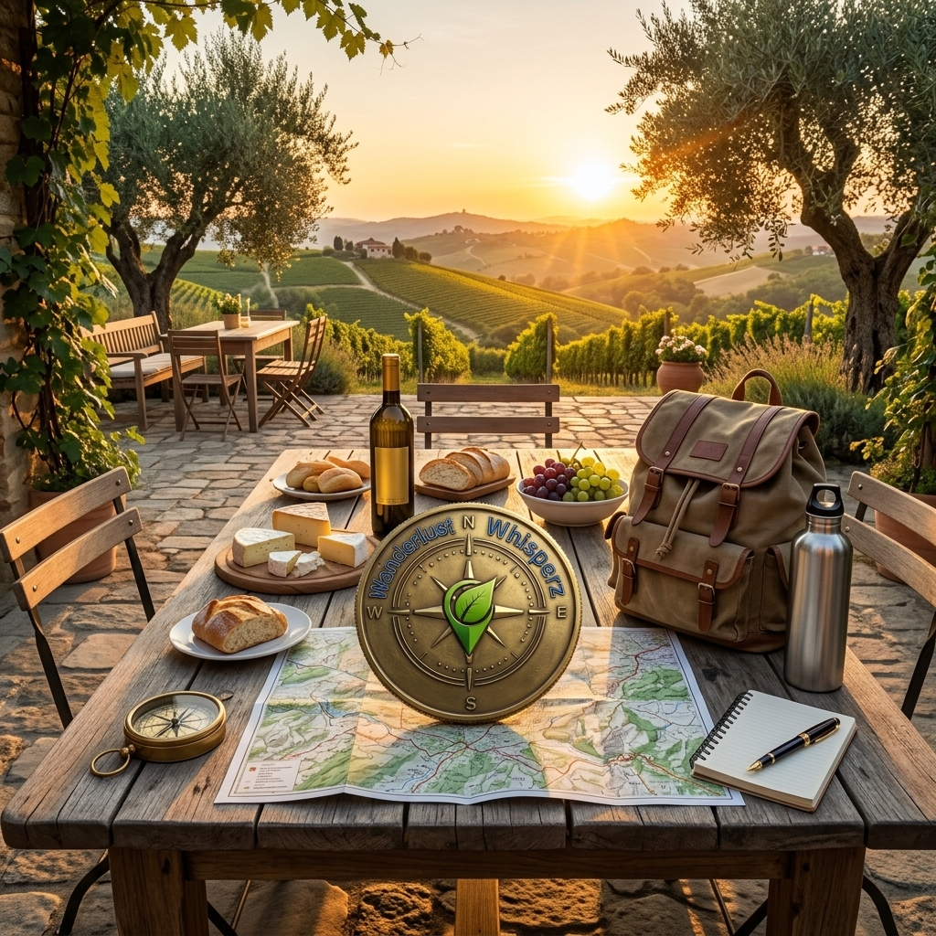 A rustic outdoor patio overlooking the hills of Bra, Italy under a golden sunset