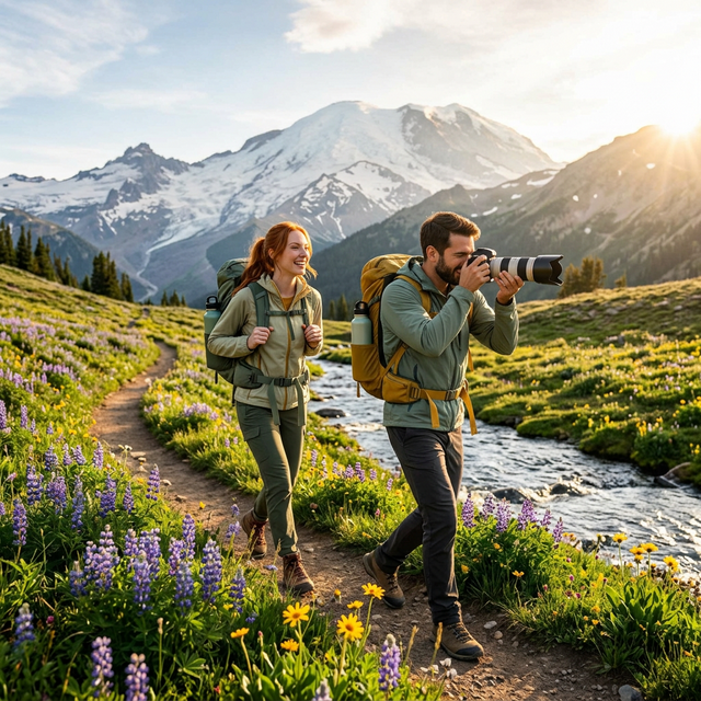 Val and Chip hiking a pristine mountain trail with reusable water bottles, wildflowers, and snow-capped peaks.
